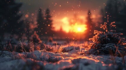  The sun sets over a snowy field, trees in the foreground dusted with snow, grass and ground covered