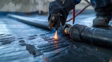 A worker using a heat gun to fuse together two pieces of geotextile fabric creating a seamless and...