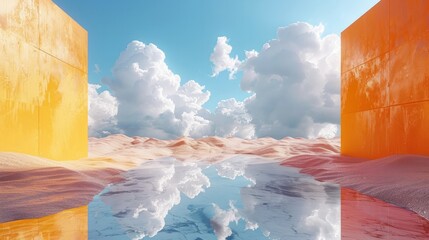 3D render of a surreal desert landscape with white clouds floating into yellow square portals on a sunny day. Modern minimal abstract background with a clear blue sky and fine sand dunes.