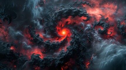  A red and black swirl dominates a black and white cloud's center Surrounding it are red and black cloud formations, with a solitary red orb of light at its