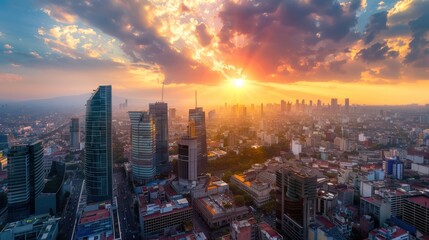 Fototapeta premium Aerial view of the skyscraper district and the city at sunset.