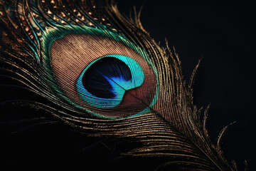 Peacock feather on black background, close up