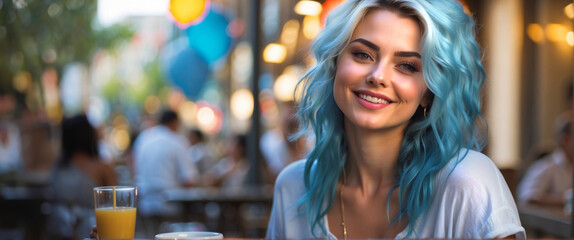 An attractive young blonde is sitting in a cafe, - Powered by Adobe