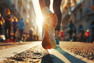 Close up on shoe, Runner athlete feet running on road under sunlight in the morning.