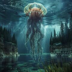 A surreal, wide-angle view of a tranquil underwater scene disrupted by a giant, glowing jellyfish floating ominously above
