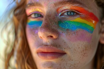Colorful face paint on person with blue eyes