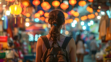 Obraz premium A backpacker navigating through lively markets, back view with vibrant energy.