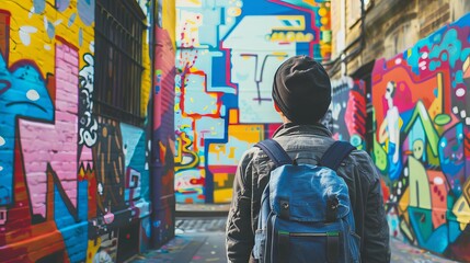 Obraz premium A backpacker wandering through a vibrant city