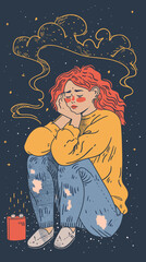 Tired Woman Hugging Knees with Discharged Battery in Thoughts, Fatigued Female Experiencing Emotional Burnout or Mental Disorder, Vector Illustration