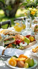 A table with a variety of food and drinks, including bread, fruit generated by AI