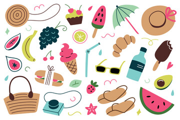 Summer icons collection, vector illustrations of sunglasses, fruits and ice cream, colorful summertime essentials, tropical vacation, woven bags and umbrella doodles, picnic items