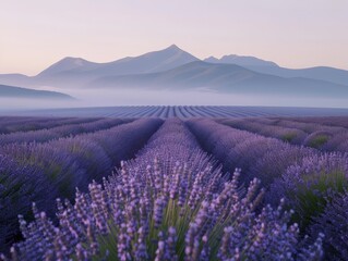 Lavender fields at sunset with mountain backdrop