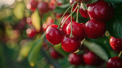 Ripe red cherries hanging on tree branch