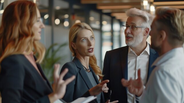 An energetic snapshot capturing a team of business professionals engaged in a lively discussion, with animated gestures and expressions conveying their passion  - Powered by Adobe