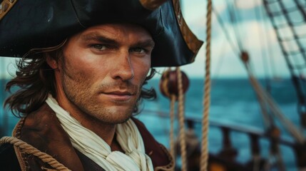 Rugged pirate captain with intense gaze on ship deck