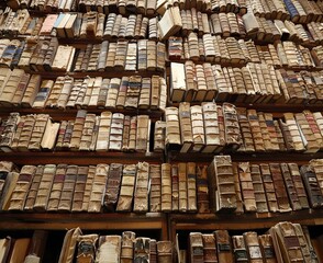 A wall of old books in a library.