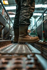 A worker wearing boots standing on a metal platform in a factory.