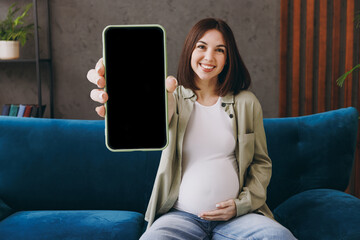 Young pregnant woman with belly wear casual clothes use blank screen mobile cell phone sit on blue...