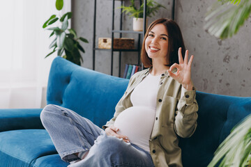 Young pregnant woman with belly wear casual clothes show okay ok gesture sit on blue sofa couch...