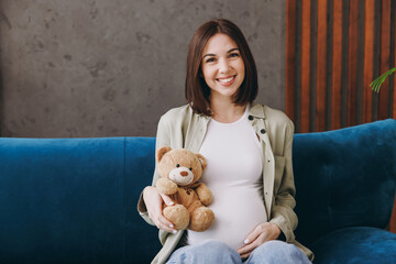 Young pregnant woman with belly wears casual clothes hold teddy bear toy sit on blue sofa couch...
