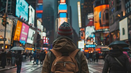 Obraz premium A tourist sightseeing in a bustling city
