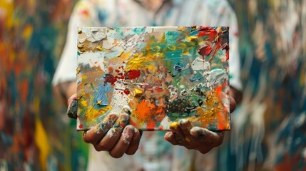 Fototapeta premium A man is holding a painting that is covered in paint
