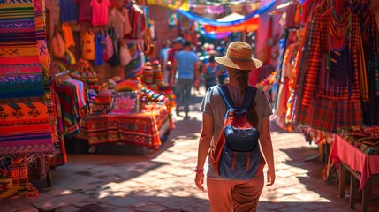 Obraz premium A tourist wandering through a colorful market