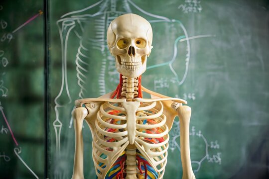 a skeleton model stands at a blackboard