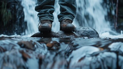 A person is standing on a rock in front of a waterfall - Powered by Adobe