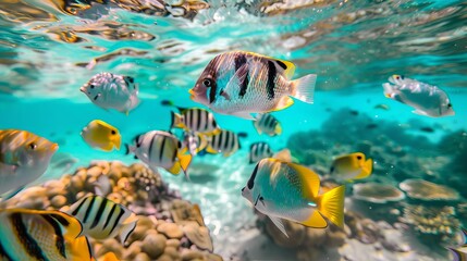 Tropical fish swimming in a vibrant coral reef, rich and diverse colors, clear turquoise water, dynamic and lively underwater scene, highresolution marine photography, Close up