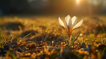 A small white flower is growing in the dirt