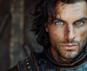 Intense gaze of a rugged man with dark curly hair