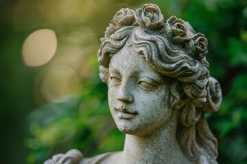 Serene stone statue with floral crown in lush garden