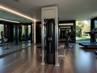 Sleek home gym with mirrored walls and state-of-the-art equipment, generative AI