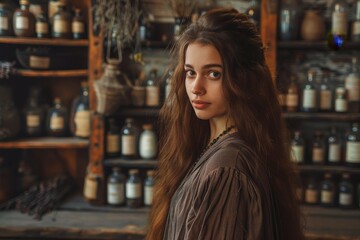 young woman with long brown hair in a vintage-style dress