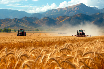 Naklejka premium Agriculture illustration, top view of a large field, a tractor is working on the field. Unusual background.
