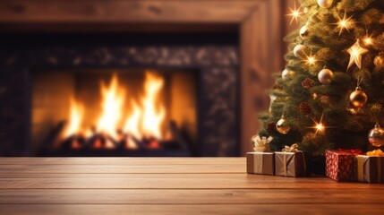 Interior christmas. Magic glowing tree, fireplace, gifts in dark at night. Christmas tree with...