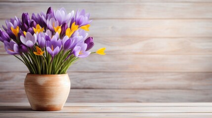Crocuses in a vase on a wooden table with empty space for card posters