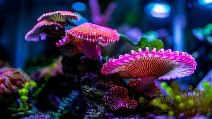  A cluster of pink mushrooms sits atop a verdant, leafy plant The plant is adorned with purple and green leaves