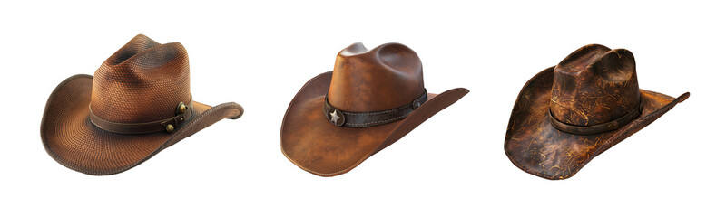 Set of brown leather vintage cowboy hats isolated on transparent background, Classic Americana rustic old west 3D hat objects