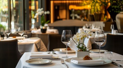 A plate of food is set on a table with a wine glass and a fork generated by AI