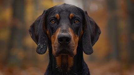 A tight shot of a dog's expressive face, positioned in front of an autumnal woodland scene Yellow leaves scatter the forest floor, while a brown and black dog gazes int
