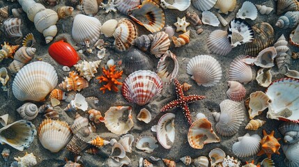 An aerial view of a sandy beach section filled with different types of seashells and coral fragments.