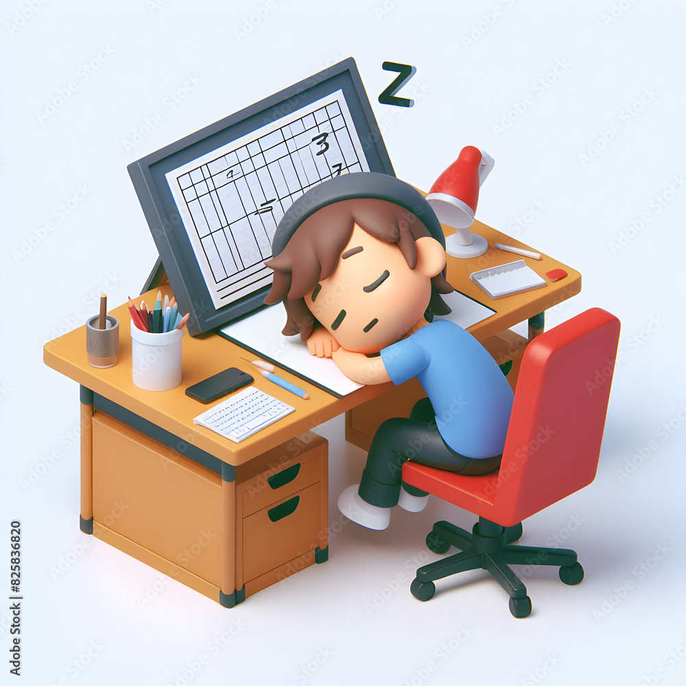 Poster 3d flat icon: animator napping on drawing board capturing the creative effort in producing animated 