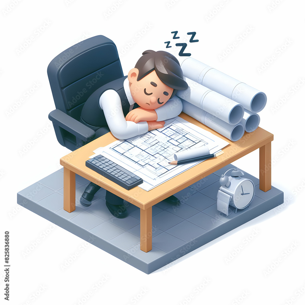 Poster architect taking a nap on blueprints illustrating dedication and attention to detail in 3d flat icon