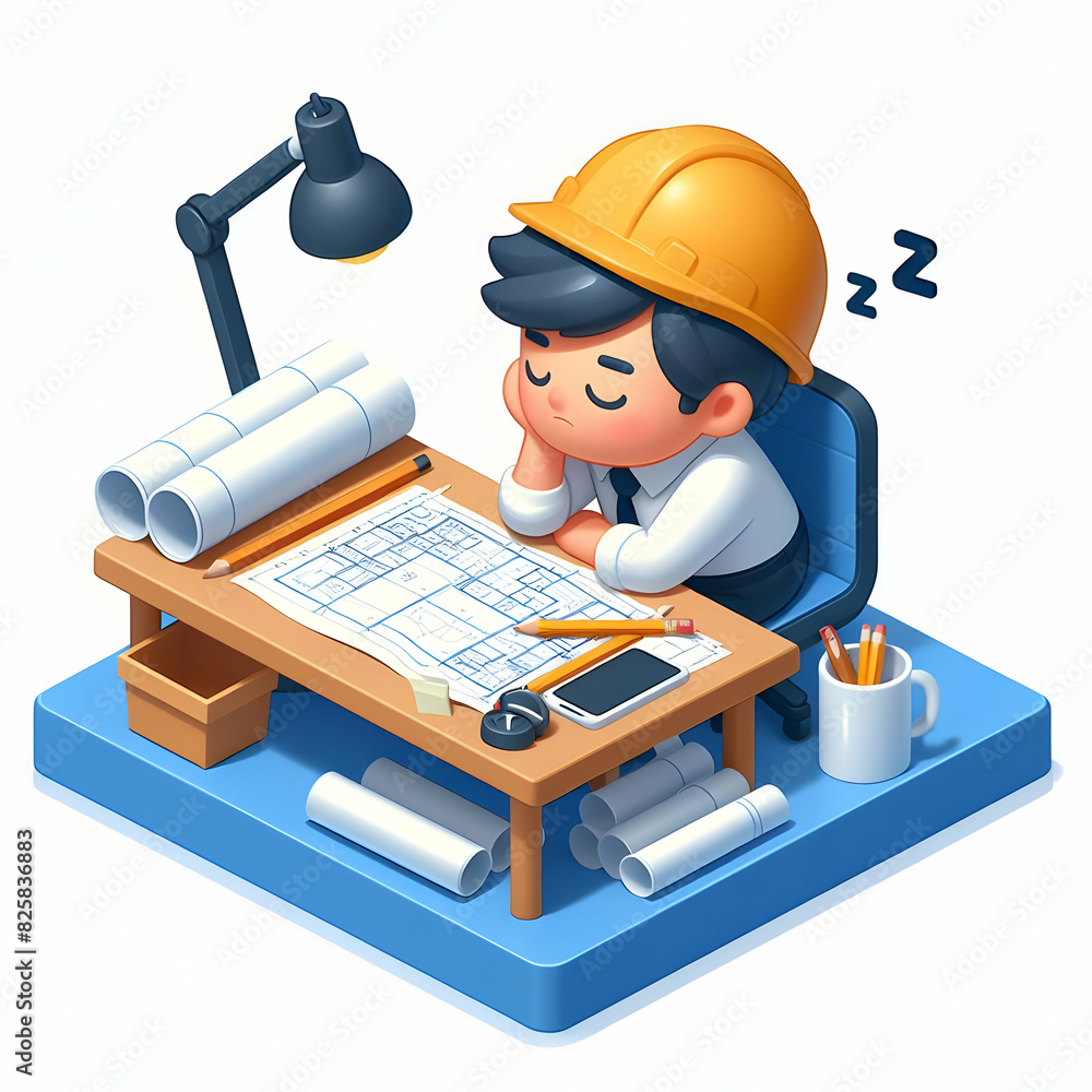 Poster architect resting on blueprints illustrating the precision and dedication in the profession, 3d flat