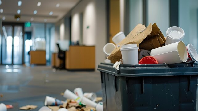 An overflowing trash can in an office building, with paper and coffee cups spilling out.