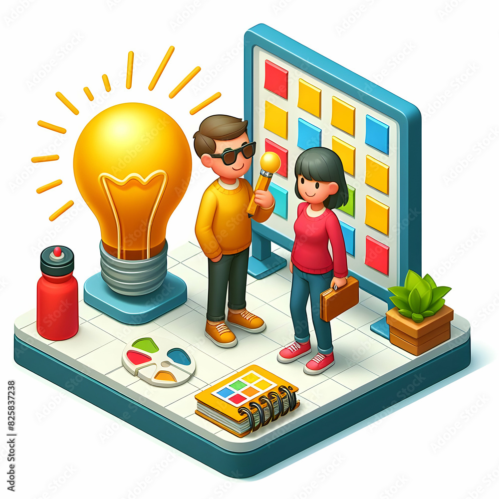 Aufkleber 3d flat icon: ceo with light bulb in boardroom concept strategic implementation of new ideas for com
