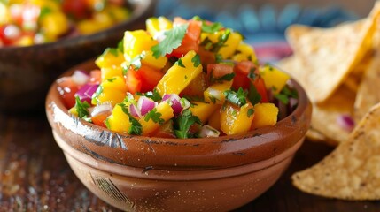 A colorful and y mango salsa perfect for dipping chips or topping grilled fish tacos.