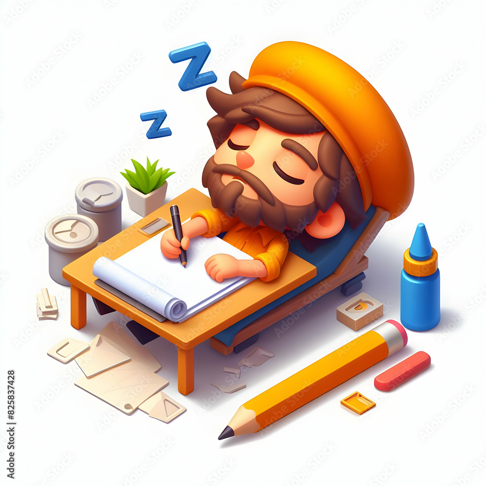 Aufkleber designer napping on sketchpad: creative studio reflection of dedication in flat 3d cartoon style